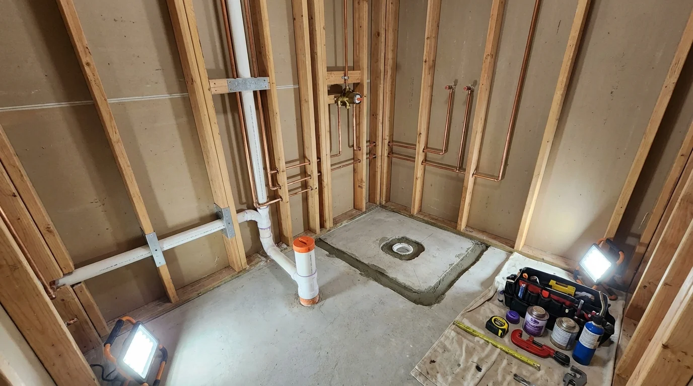 Bathroom rough-in plumbing during remodel by Johns Plumbing LLC in Neodesha