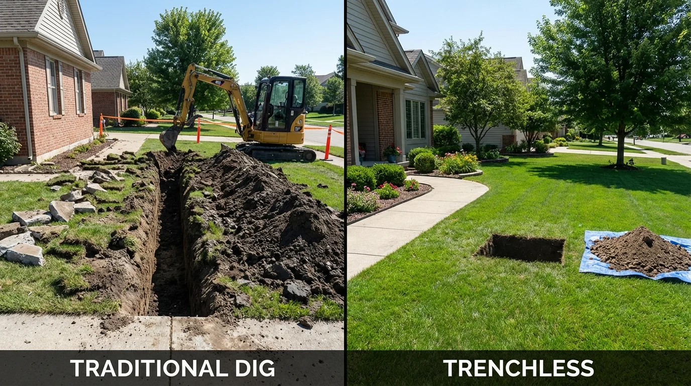 Trenchless sewer repair with minimal yard damage versus traditional excavation in Neodesha, KS