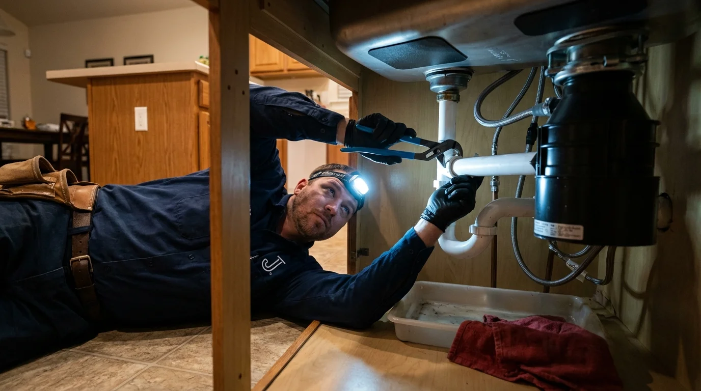 P-trap and supply line connections under a kitchen sink showing a common leak point in Neodesha, KS